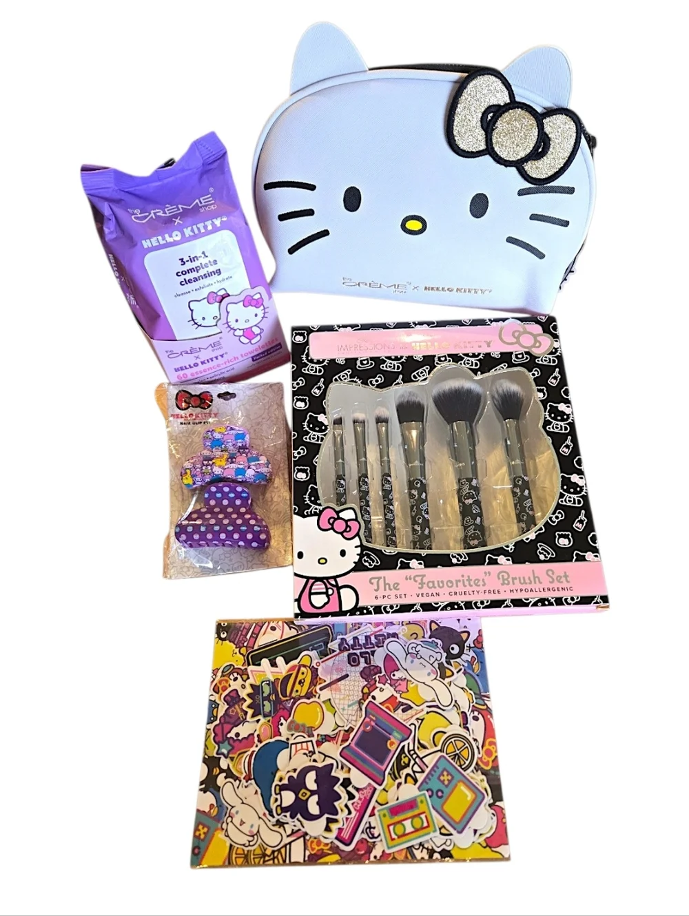 🎁Hello Kitty Golden Bow Gift Set: Makeup Bag, Brushes, Wipes, Clips, Stickers